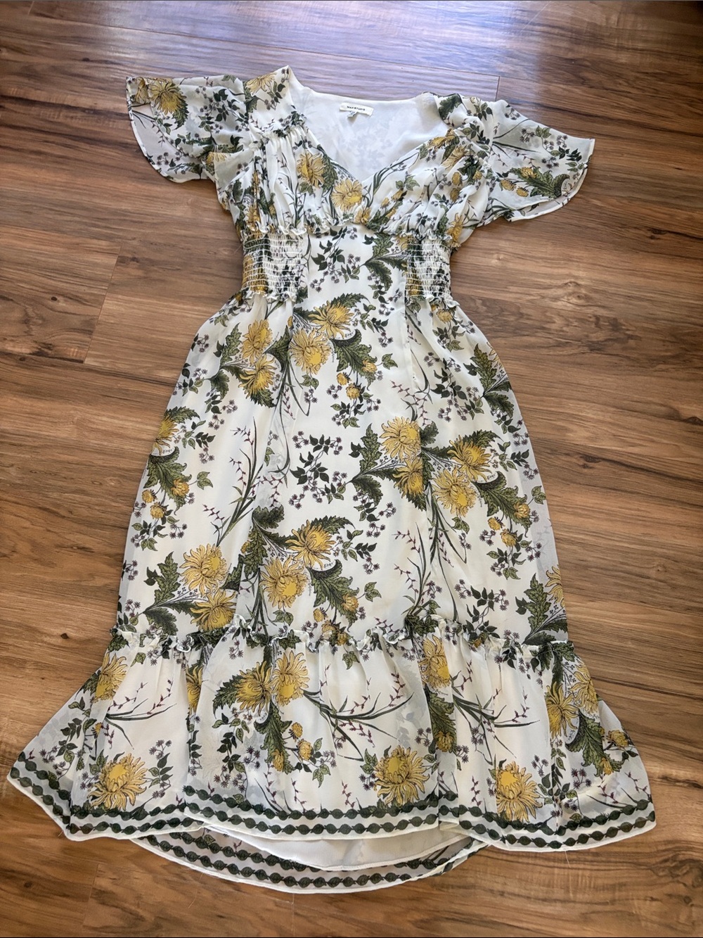 Max Studio White Midi Dress with Yellow Floral and Green Leaves